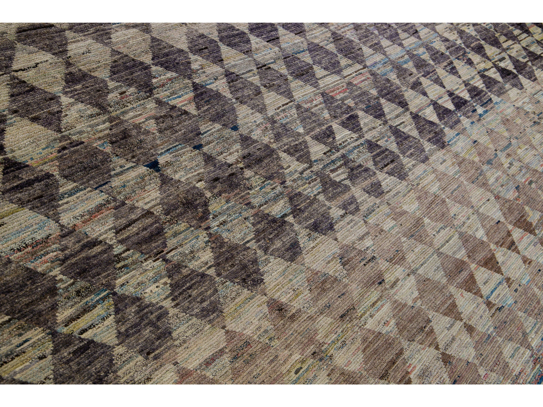 Modern Moroccan Style Handmade Diamond Check Pattern Brown Square Wool Rug