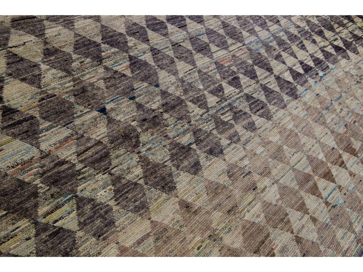 Modern Moroccan Style Handmade Diamond Check Pattern Brown Square Wool Rug