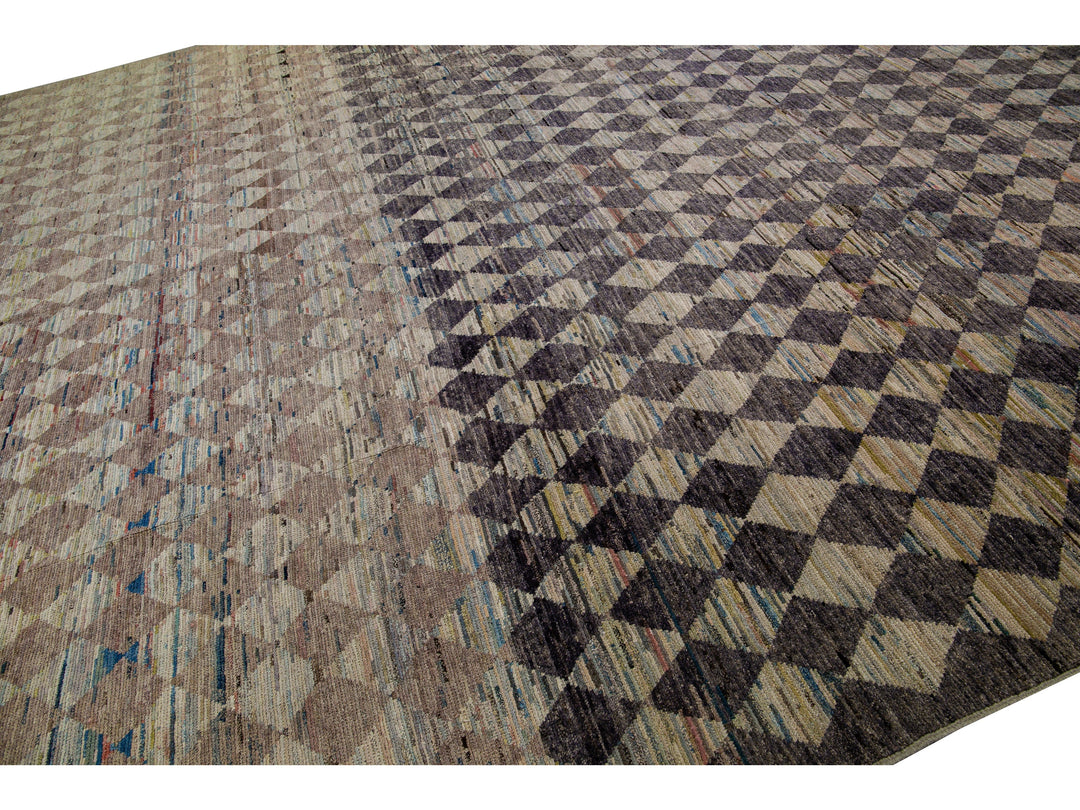 Modern Moroccan Style Handmade Diamond Check Pattern Brown Square Wool Rug