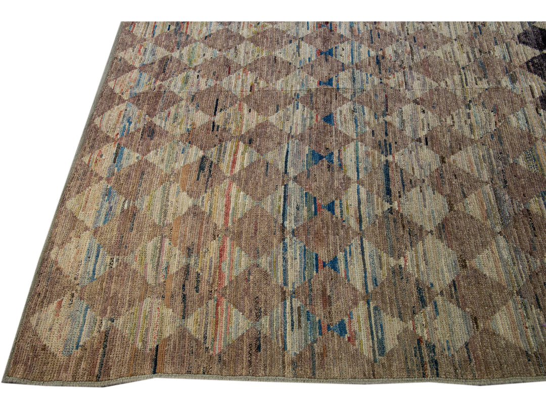 Modern Moroccan Style Handmade Diamond Check Pattern Brown Square Wool Rug