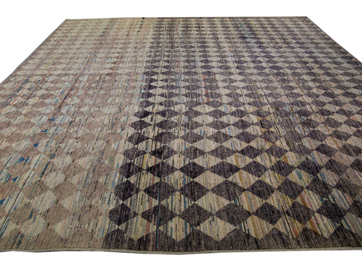 Modern Moroccan Style Handmade Diamond Check Pattern Brown Square Wool Rug