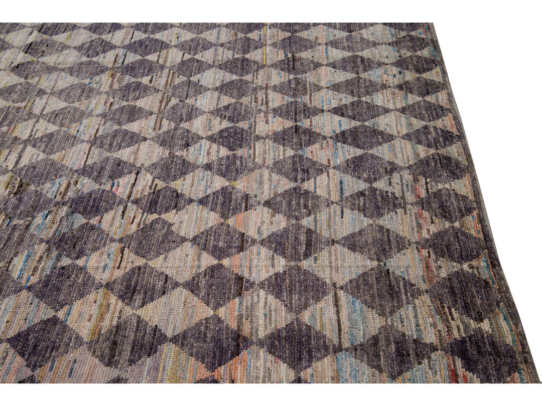 Modern Moroccan Style Handmade Diamond Check Pattern Brown Square Wool Rug