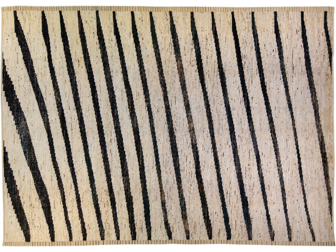 Modern Moroccan Style Handmade Geometric Beige Oversize Wool Rug