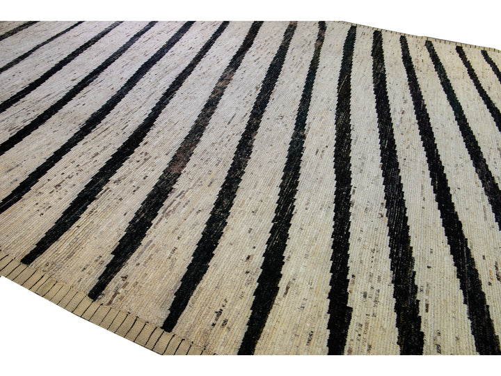 Modern Moroccan Style Handmade Geometric Beige Oversize Wool Rug