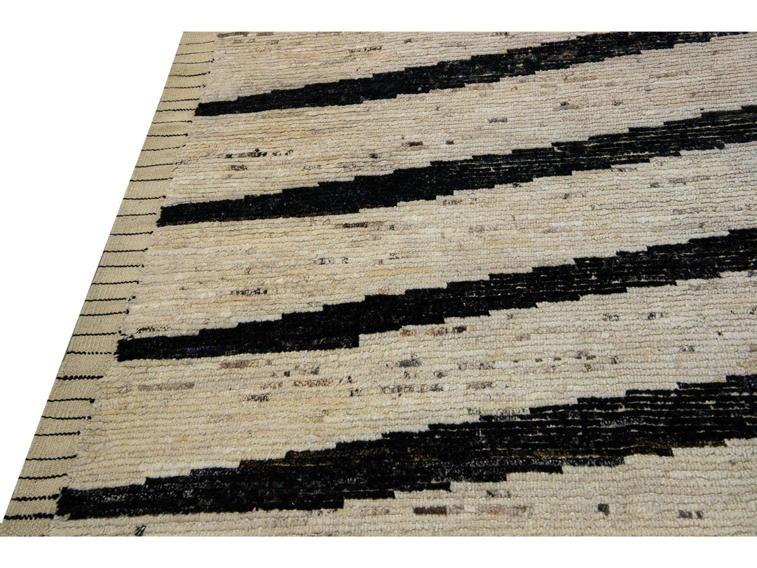 Modern Moroccan Style Handmade Geometric Beige Oversize Wool Rug