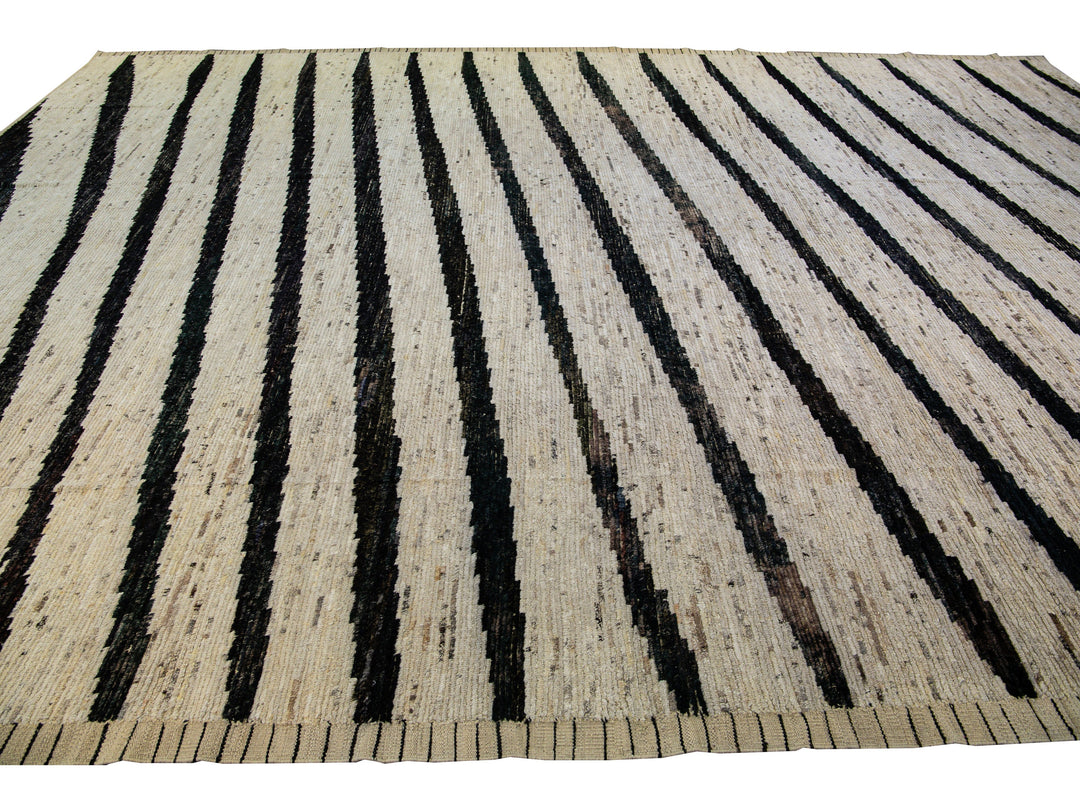 Modern Moroccan Style Handmade Geometric Beige Oversize Wool Rug