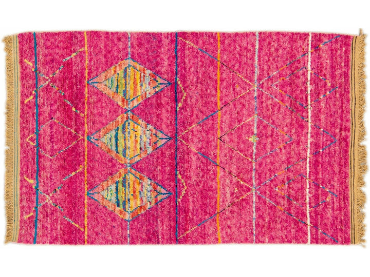 Modern Moroccan Style Pink Handmade Tribal Pattern Boho Wool Rug