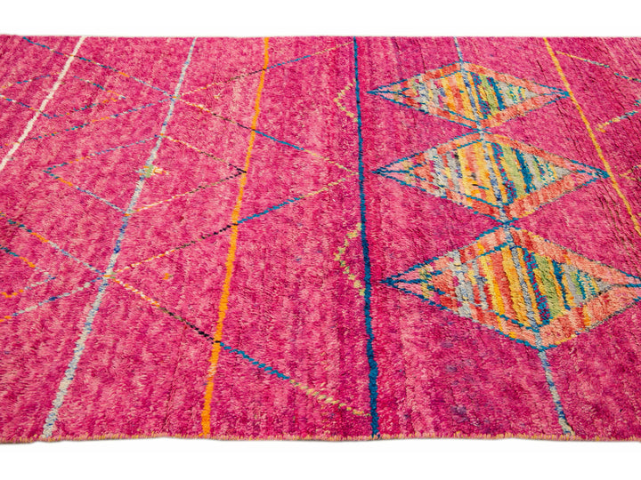 Modern Moroccan Style Pink Handmade Tribal Pattern Boho Wool Rug