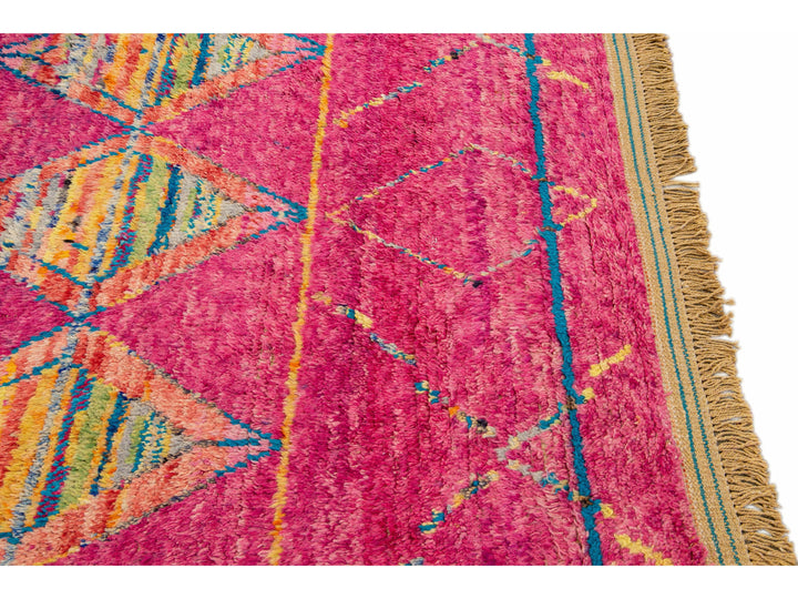 Modern Moroccan Style Pink Handmade Tribal Pattern Boho Wool Rug