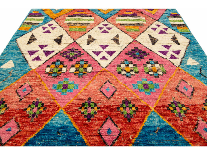 Modern Moroccan Style Handmade Multicolor Tribal Blue Boho Wool Rug