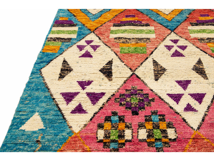 Modern Moroccan Style Handmade Multicolor Tribal Blue Boho Wool Rug