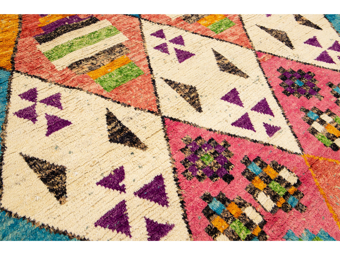 Modern Moroccan Style Handmade Multicolor Tribal Blue Boho Wool Rug