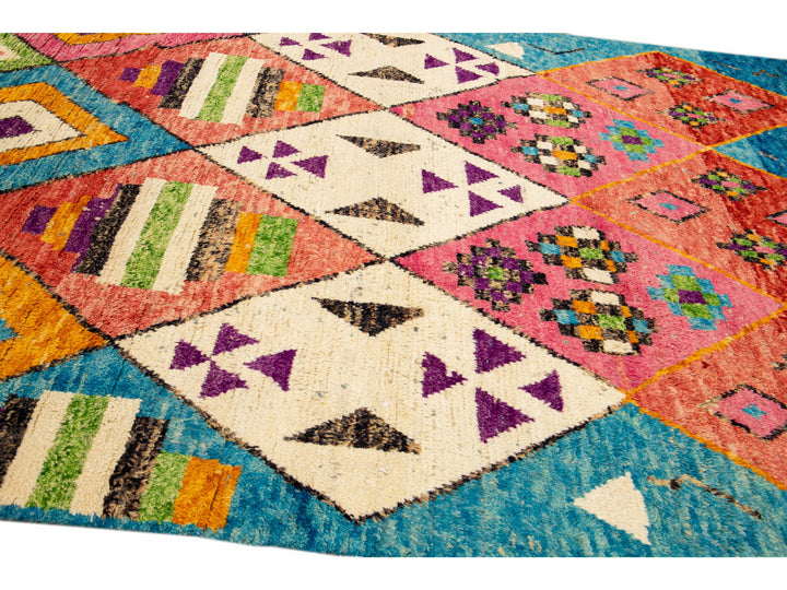 Modern Moroccan Style Handmade Multicolor Tribal Blue Boho Wool Rug