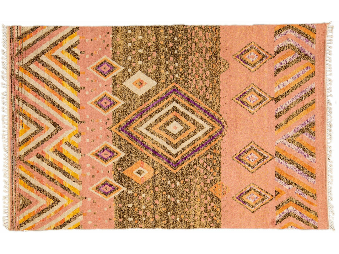 Modern Moroccan Style Handmade Geometric Designed Peach Boho Wool Rug