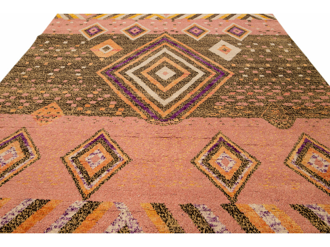 Modern Moroccan Style Handmade Geometric Designed Peach Boho Wool Rug