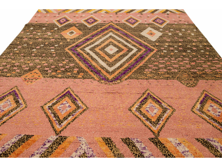 Modern Moroccan Style Handmade Geometric Designed Peach Boho Wool Rug