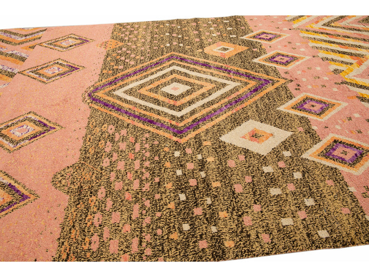 Modern Moroccan Style Handmade Geometric Designed Peach Boho Wool Rug