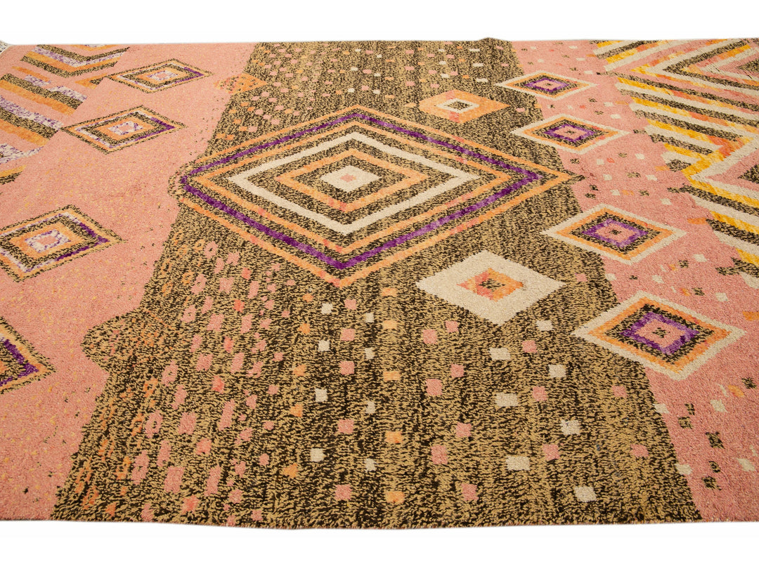 Modern Moroccan Style Handmade Geometric Designed Peach Boho Wool Rug