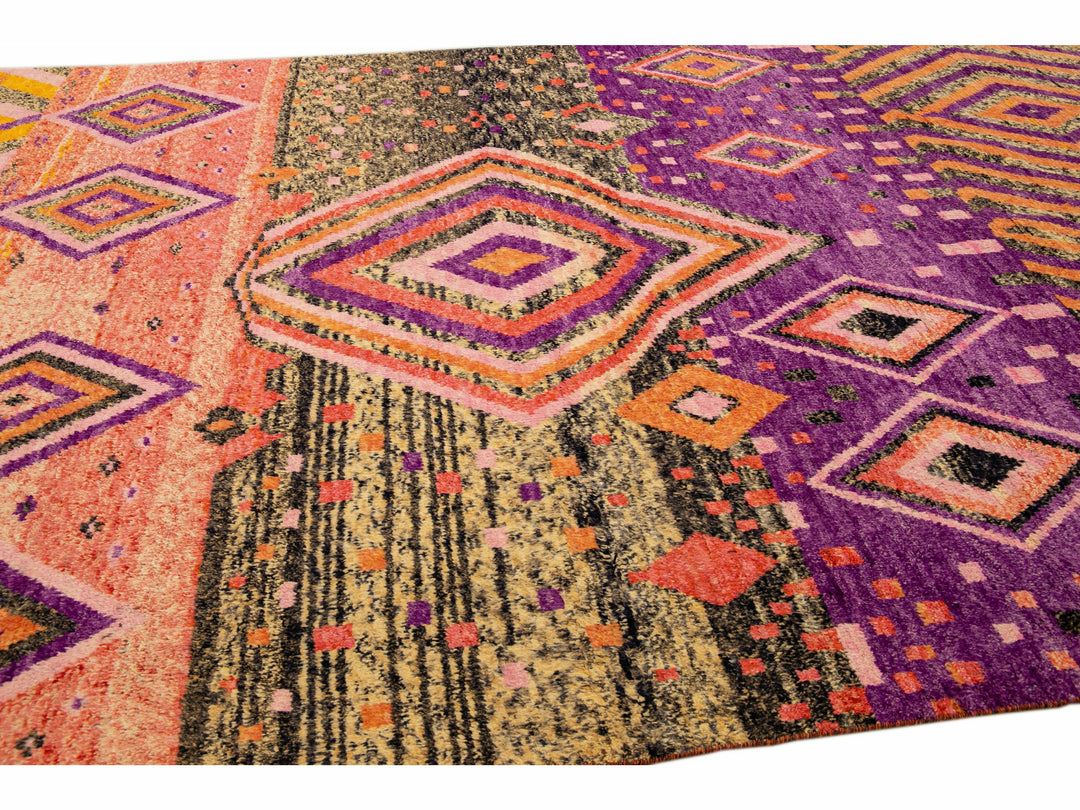 Modern Oversize Moroccan Style Handmade Purple and Peach Boho Designed Wool Rug