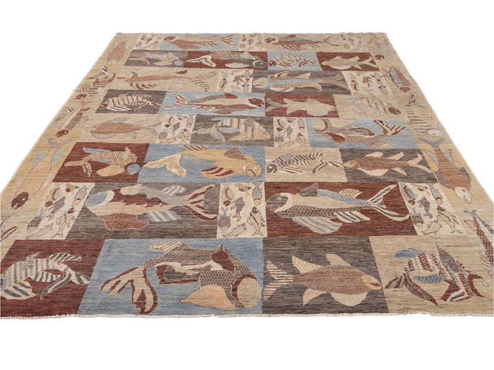 Modern Fish Design Wool Rug 9 X 12