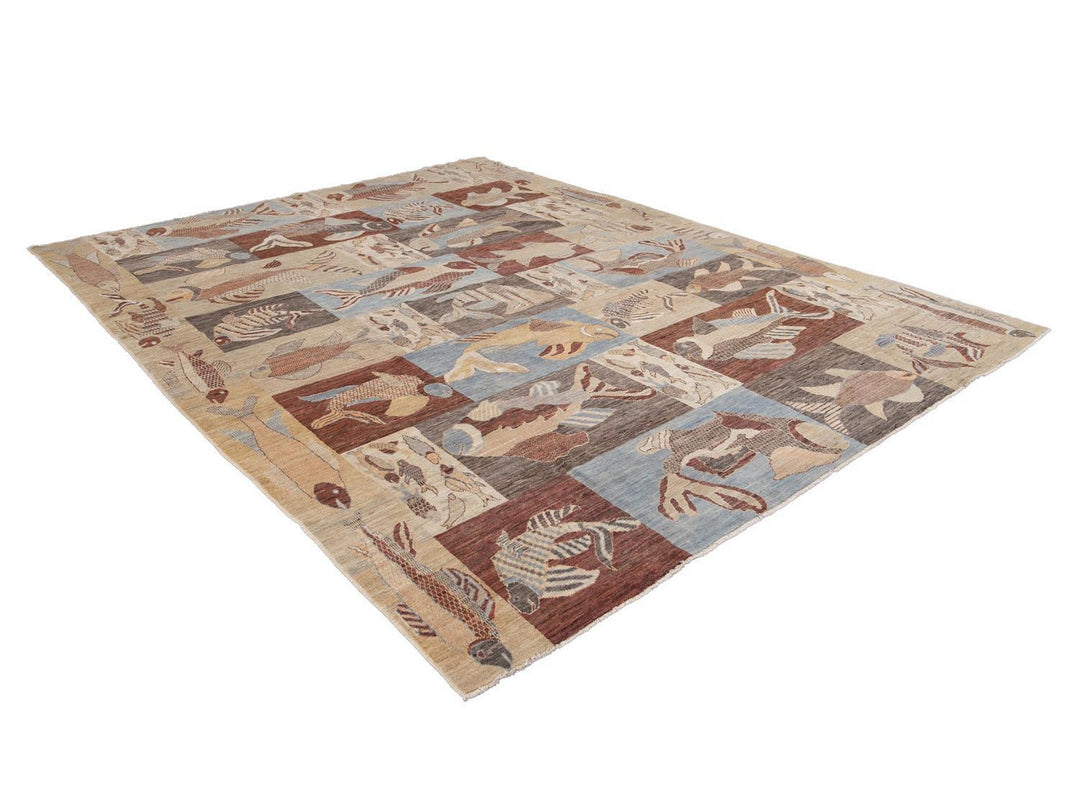 Modern Fish Design Wool Rug 9 X 12