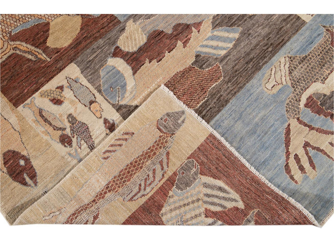 Modern Fish Design Wool Rug 9 X 12