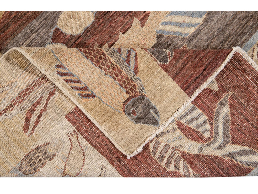 Modern Fish Design Wool Rug 9 X 12