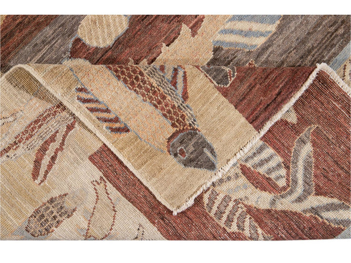 Modern Fish Design Wool Rug 9 X 12