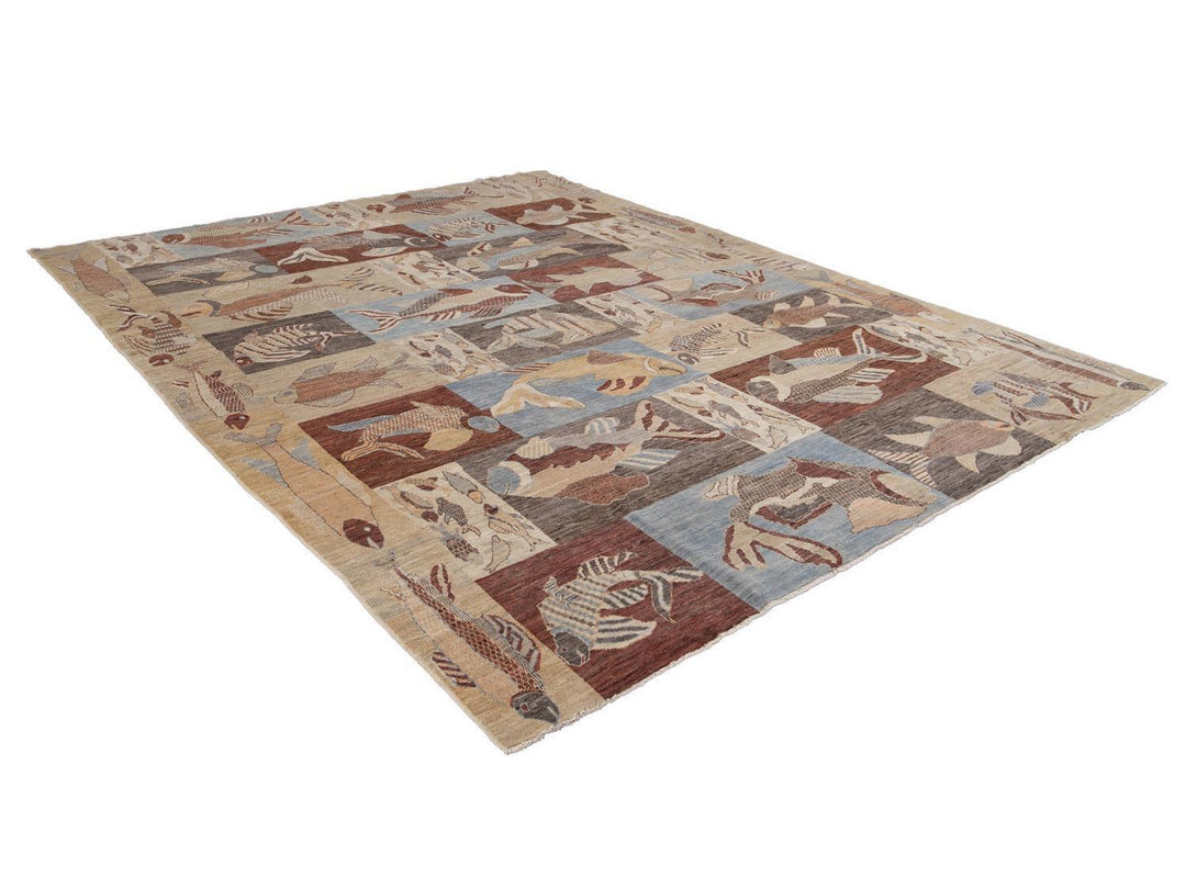 Modern Fish Design Wool Rug 9 X 12