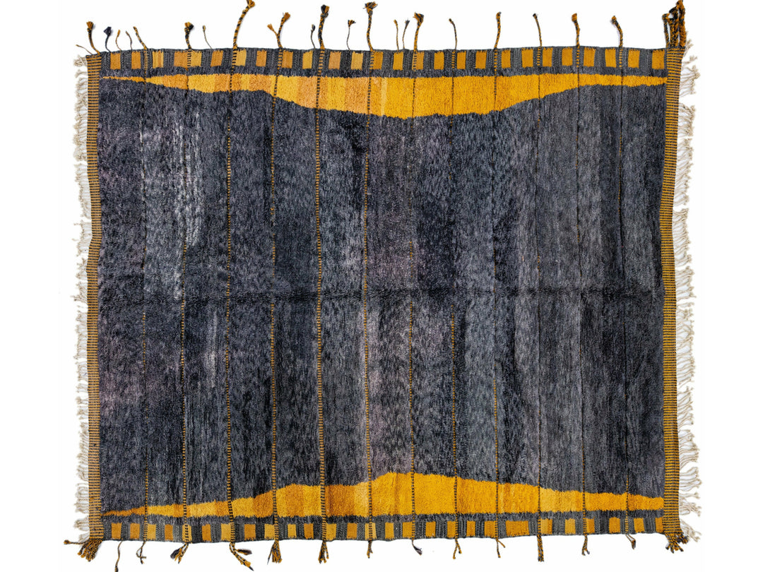 Modern Moroccan Handmade Gray and Yellow Wool Rug With Geometric Design