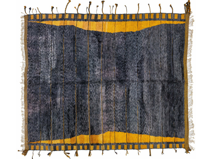 Modern Moroccan Handmade Gray and Yellow Wool Rug With Geometric Design