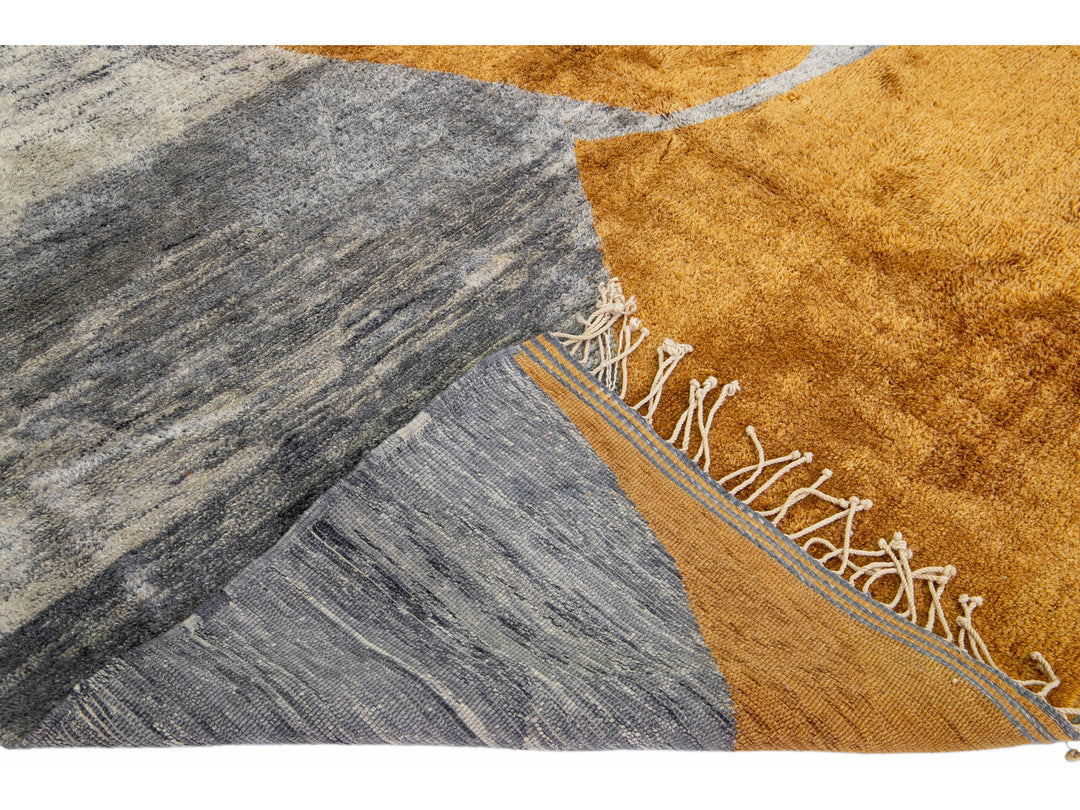 Modern Moroccan Abstract Motif Handmade Gray and Goldenrod Wool Rug