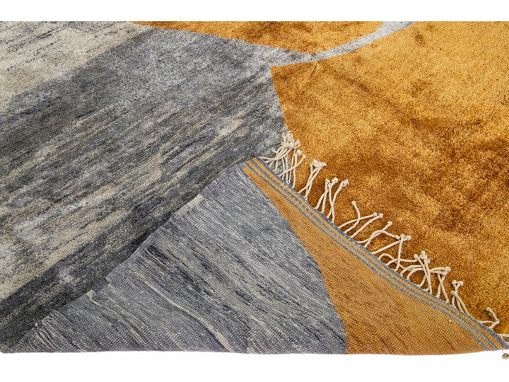 Modern Moroccan Abstract Motif Handmade Gray and Goldenrod Wool Rug