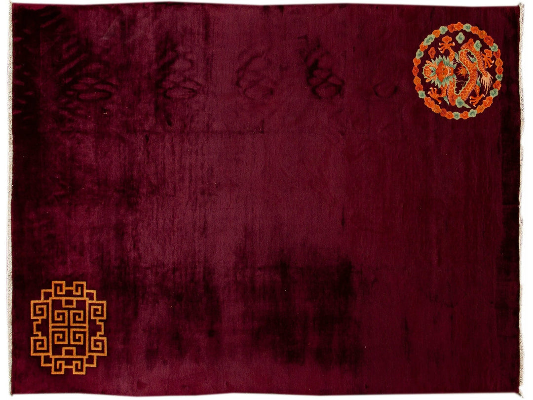 Antique Art Deco Red Handmade Chinese Dragon Design Wool Rug