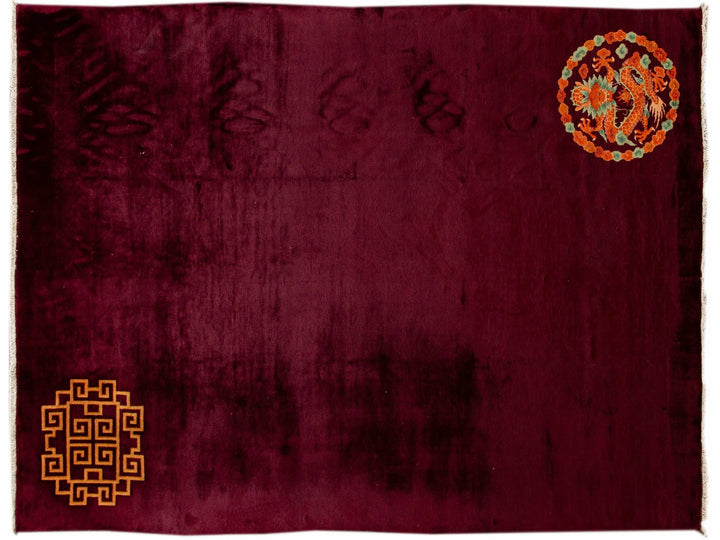 Antique Art Deco Red Handmade Chinese Dragon Design Wool Rug