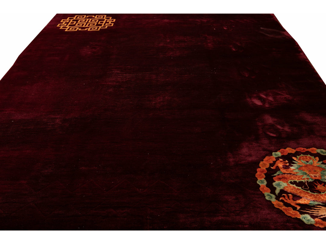 Antique Art Deco Red Handmade Chinese Dragon Design Wool Rug