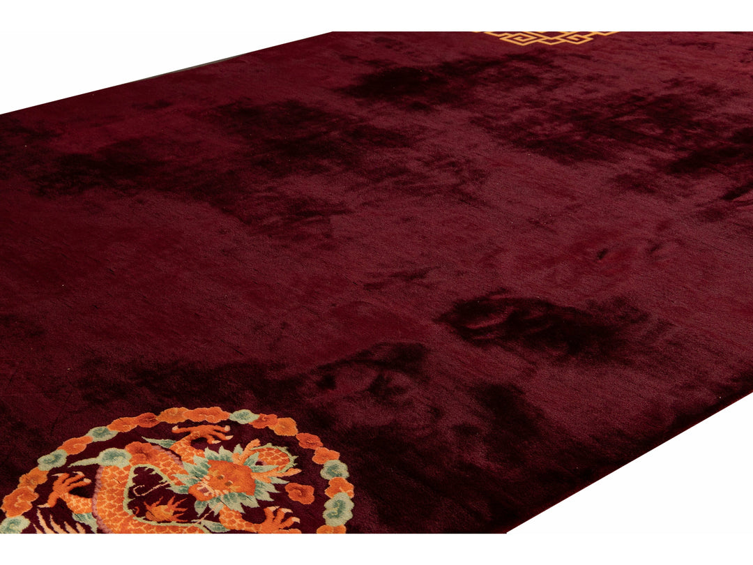 Antique Art Deco Red Handmade Chinese Dragon Design Wool Rug