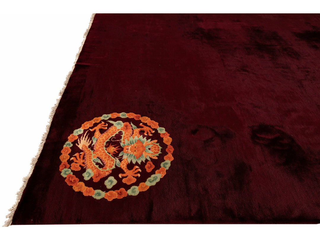 Antique Art Deco Red Handmade Chinese Dragon Design Wool Rug