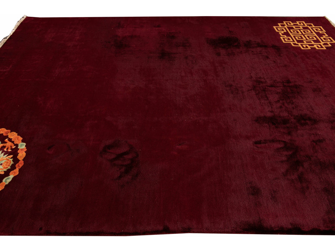 Antique Art Deco Red Handmade Chinese Dragon Design Wool Rug