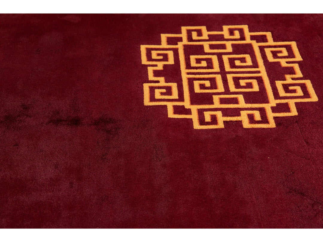 Antique Art Deco Red Handmade Chinese Dragon Design Wool Rug