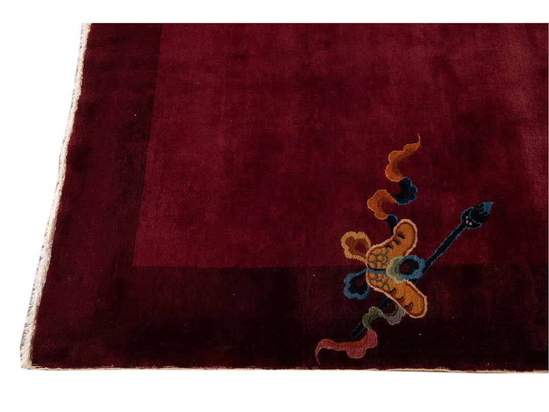 Antique Burgundy Red Art Deco Chinese Wool Rug  9 X 12