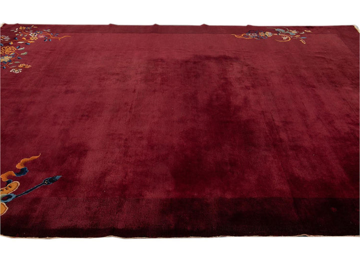 Antique Burgundy Red Art Deco Chinese Wool Rug  9 X 12