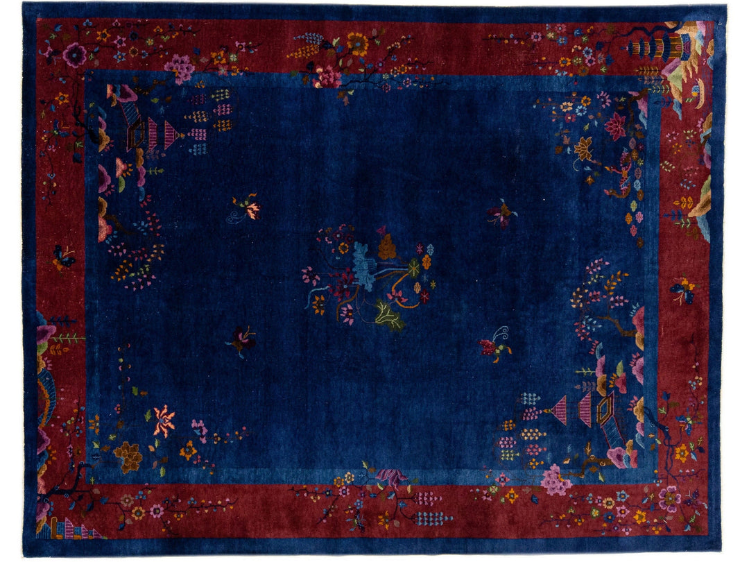 20th Century Antique Art Deco Handmade Blue Chinese Wool Rug Floral Design