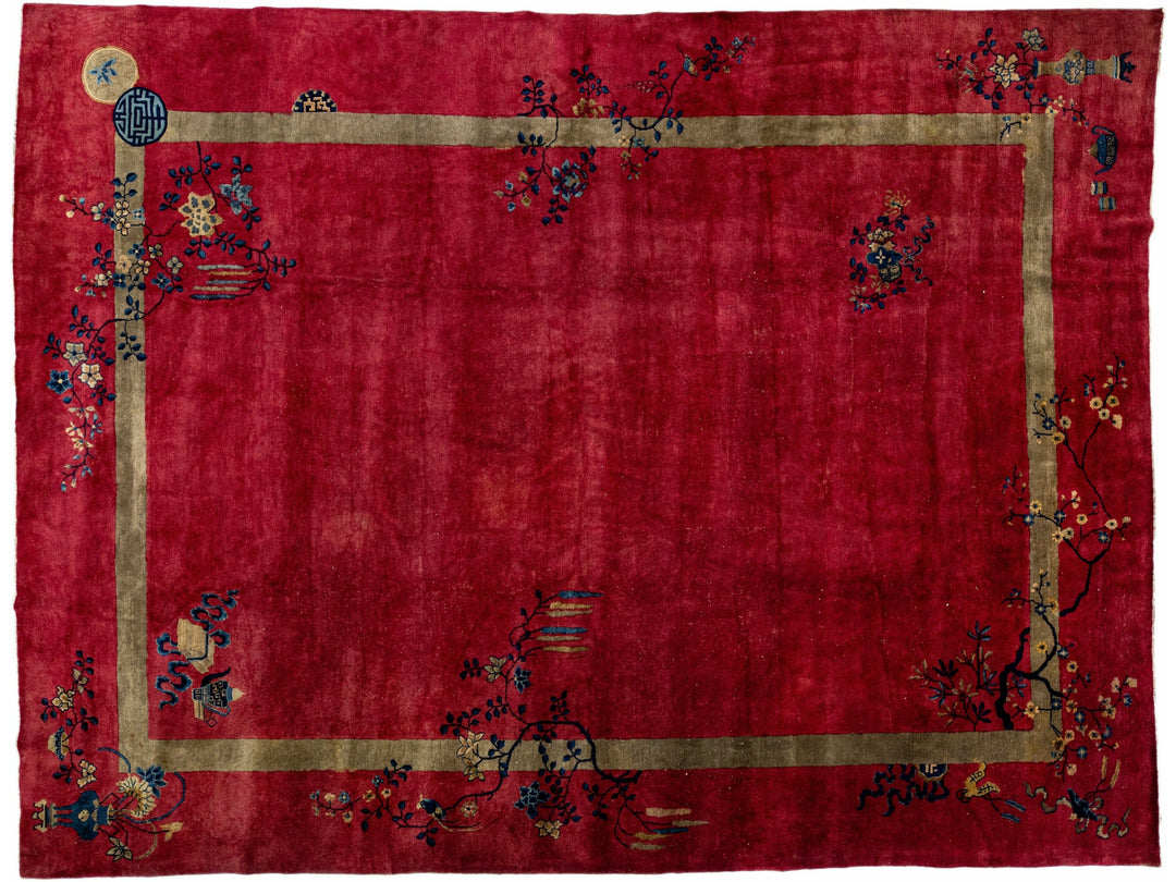 Red Antique Art Deco Handmade Floral Designed Chinese Wool Rug