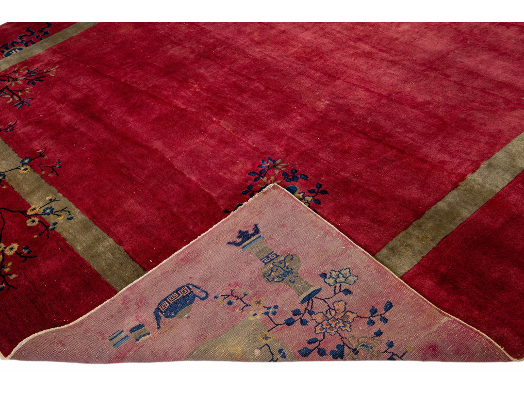 Red Antique Art Deco Handmade Floral Designed Chinese Wool Rug