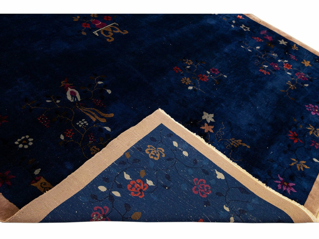 Blue Antique Art Deco Chinese Handmade Floral Wool Rug