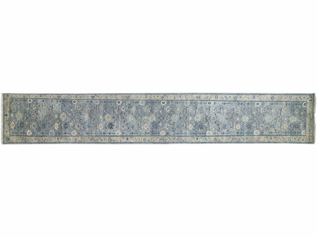 Gray Modern Oushak Style Handmade Floral Motif Long Wool Runner