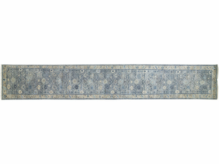Gray Modern Oushak Style Handmade Floral Motif Long Wool Runner