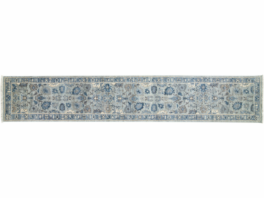 Modern Silver and Blue Oushak Style Handmade Floral Motif Wool Runner