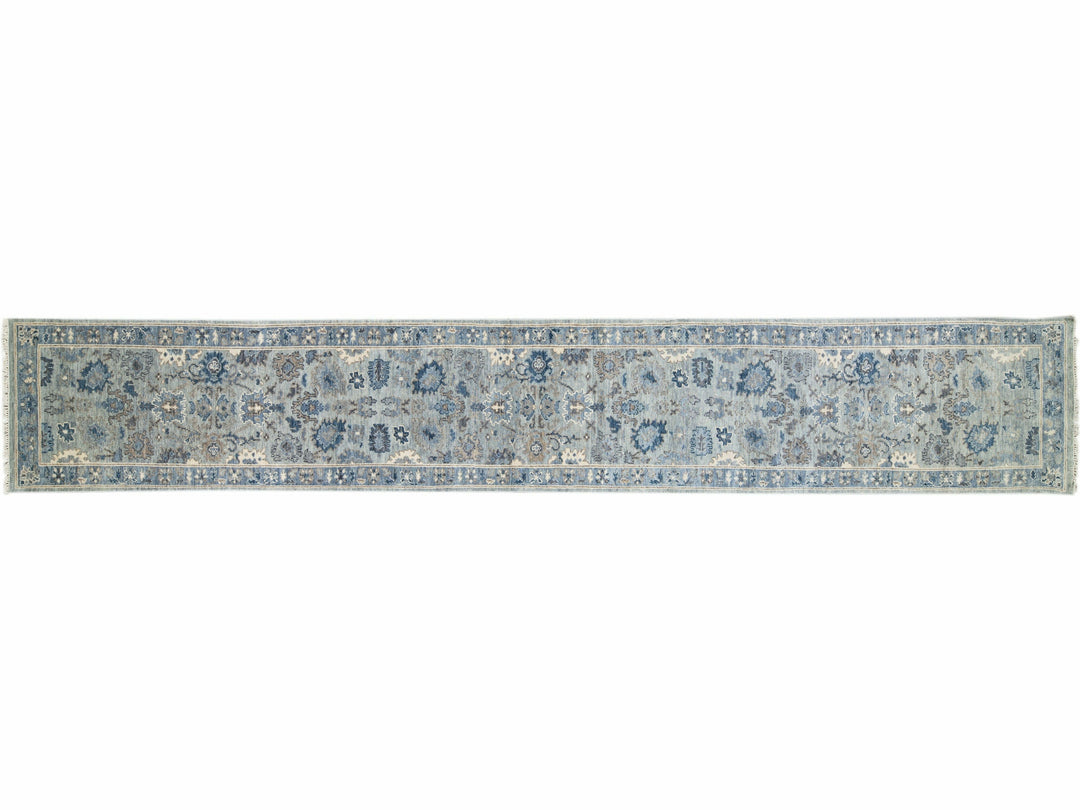 Modern Oushak Style Handmade Floral Motif Silver-Gray Wool Runner